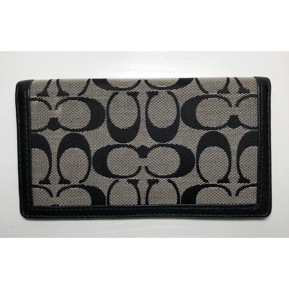 Coach Checkbook Cover Womens OS Black Grey Signature Monogram Jacquard Slim